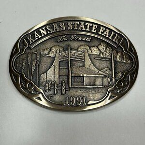 Vtg Stone Post Kansas State Fair The Present 1991 Solid Brass Belt Buckle No 221